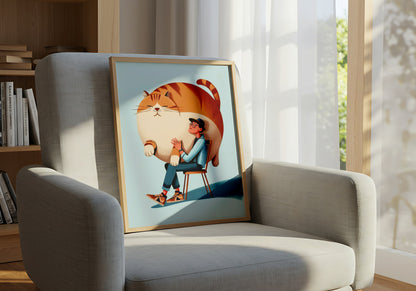 Funny Illustration of Man Hugging Giant Fat Cat - Dog and Cat Posters