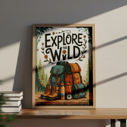 Explore the Wild and Adventure Hiking Gear Illustration with Backpacks, Boots, and Compass - Outdoor Activities