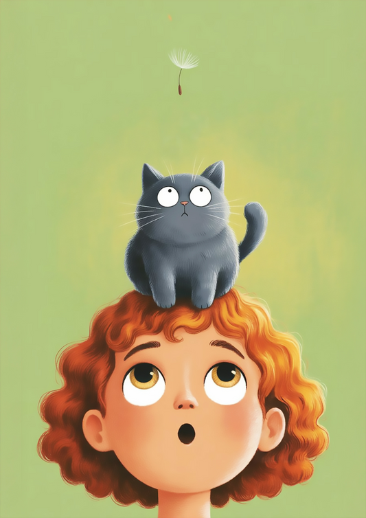 Curious Child and Cat Watching Floating Dandelion - Dog and Cat Posters