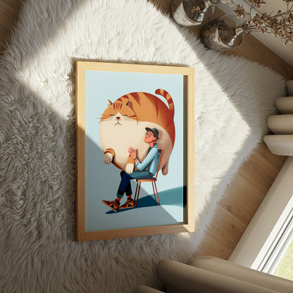 Funny Illustration of Man Hugging Giant Fat Cat - Dog and Cat Posters