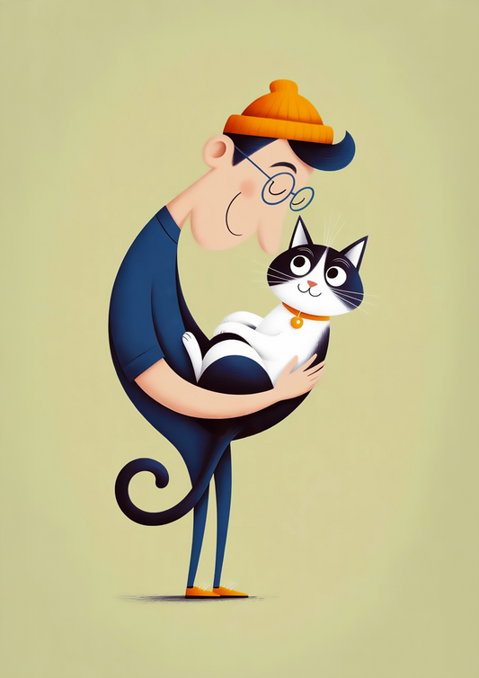 Quirky Cartoon of Man Holding Happy Black and White Cat - Dog and Cat Posters