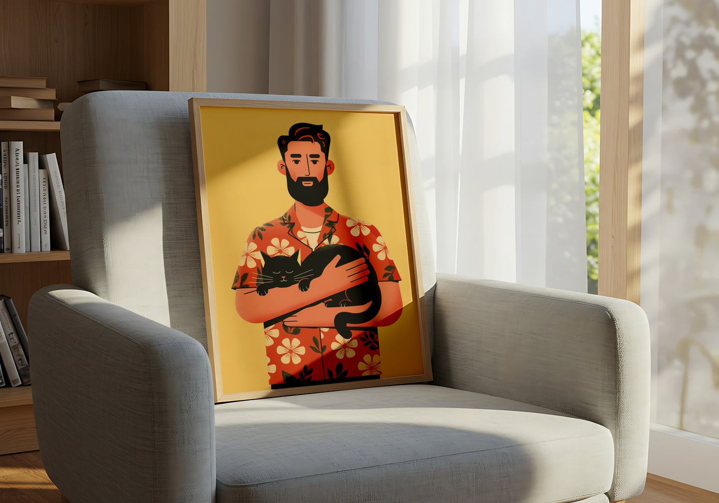 Bearded Man in Hawaiian Shirt Holding Black Cat - Dog and Cat Posters