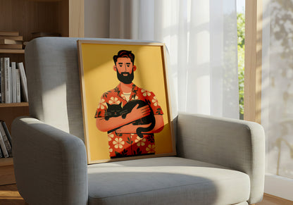 Bearded Man in Hawaiian Shirt Holding Black Cat - Dog and Cat Posters