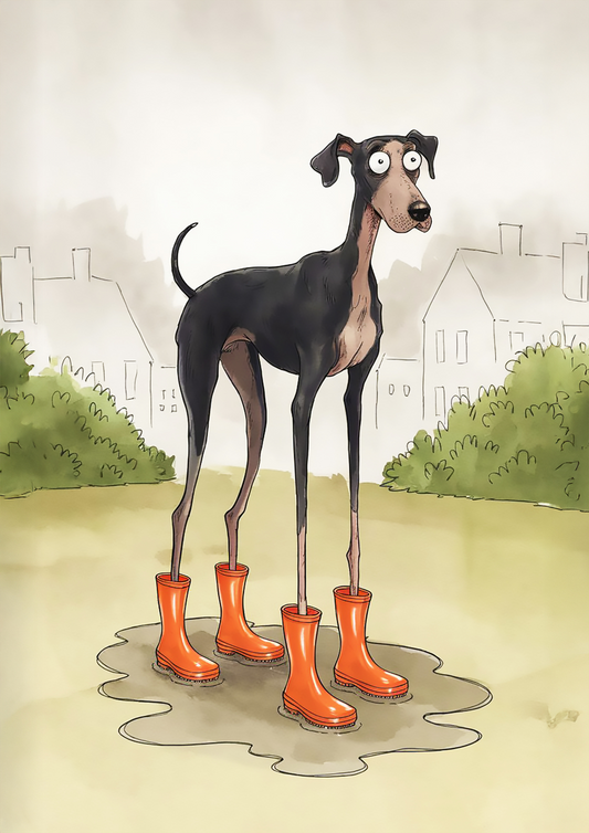 Funny Cartoon Dog Wearing Rain Boots Standing in Puddle - Dog and Cat Posters