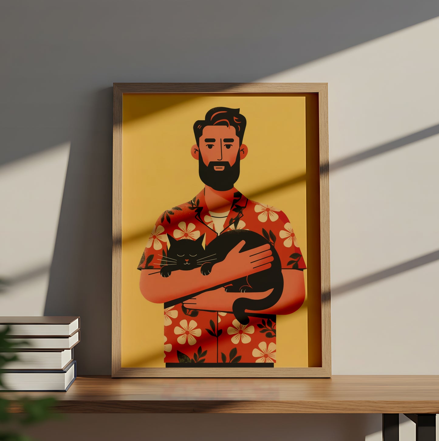 Bearded Man in Hawaiian Shirt Holding Black Cat - Dog and Cat Posters