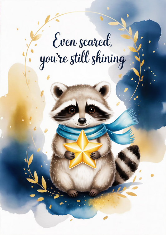 "Even Scared, You’re Still Shining" Inspirational Raccoon Wall Art  - Mental Health Poster