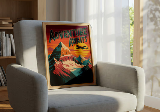 "Adventure Awaits" Vintage Travel Poster with Mountains and Airplane at Sunset - Outdoor Activities