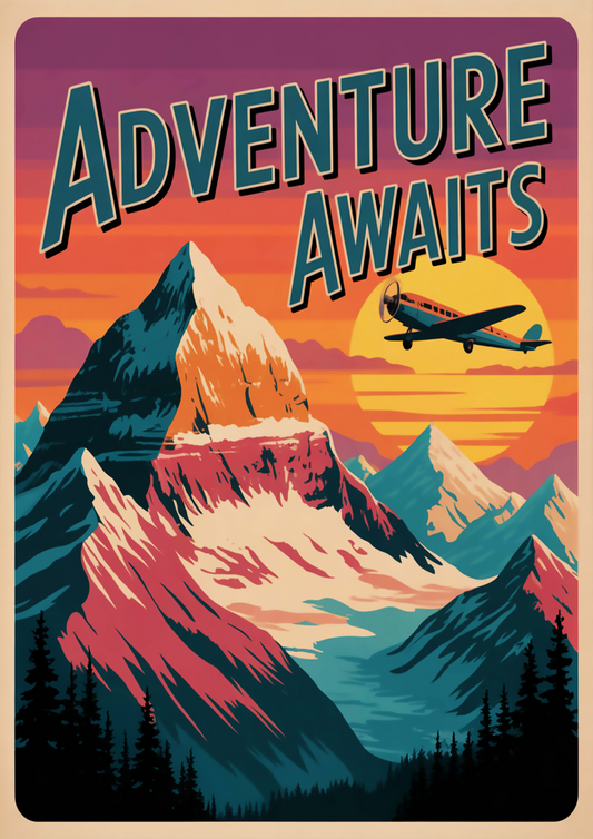"Adventure Awaits" Vintage Travel Poster with Mountains and Airplane at Sunset - Outdoor Activities