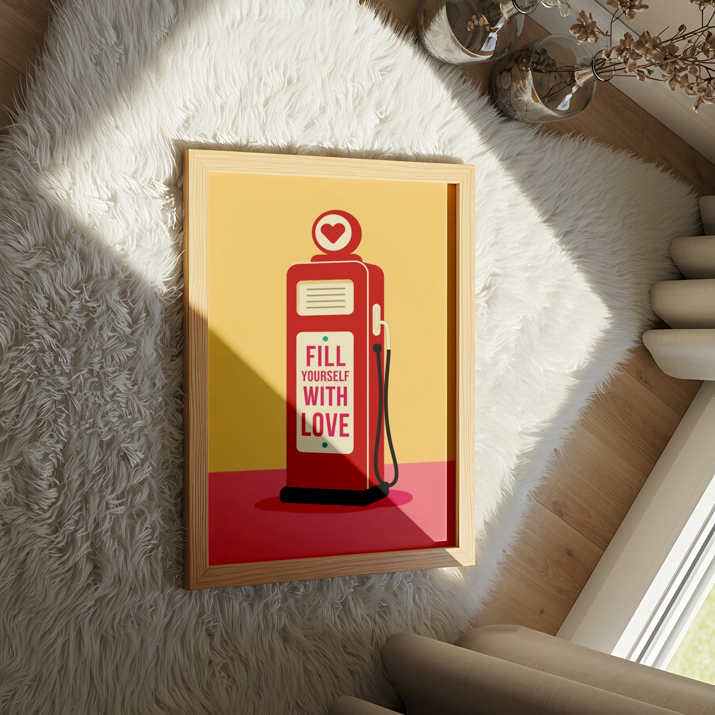 "Fill Yourself with Love" Retro Gas Pump Wall Art with Heart Symbol - Mental Health Poster