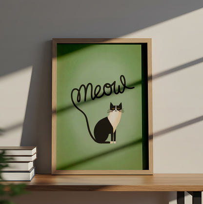 Whimsical Black and White Cat Illustration with 'Meow' Tail - Dog and Cat Posters