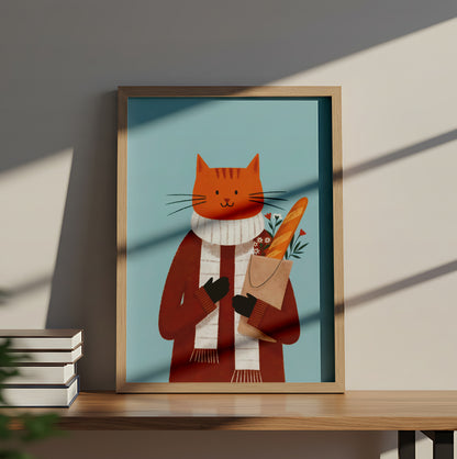 Cozy Orange Cat with Scarf Holding Groceries - Dog and Cat Posters
