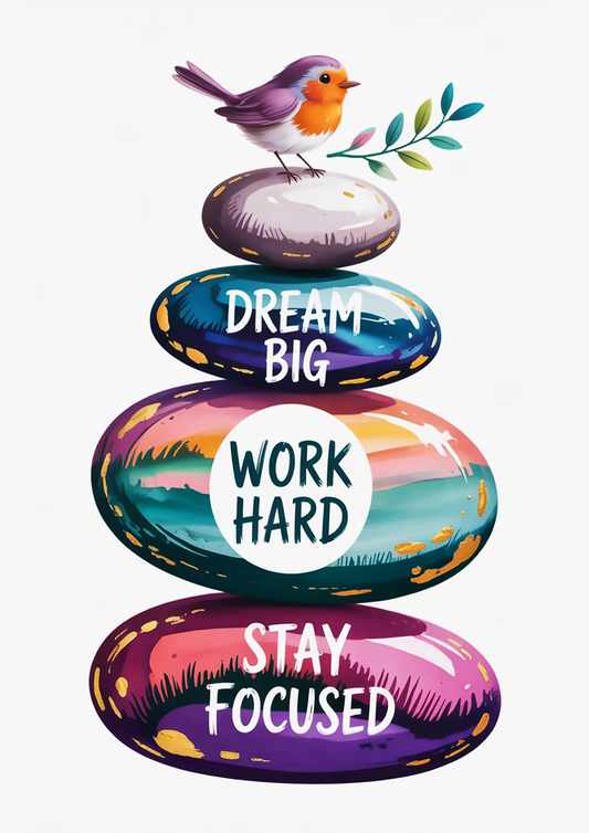 "Dream Big, Work Hard, Stay Focused" Inspirational Pebble Art with Colorful Stones and Bird - Motivational Poster