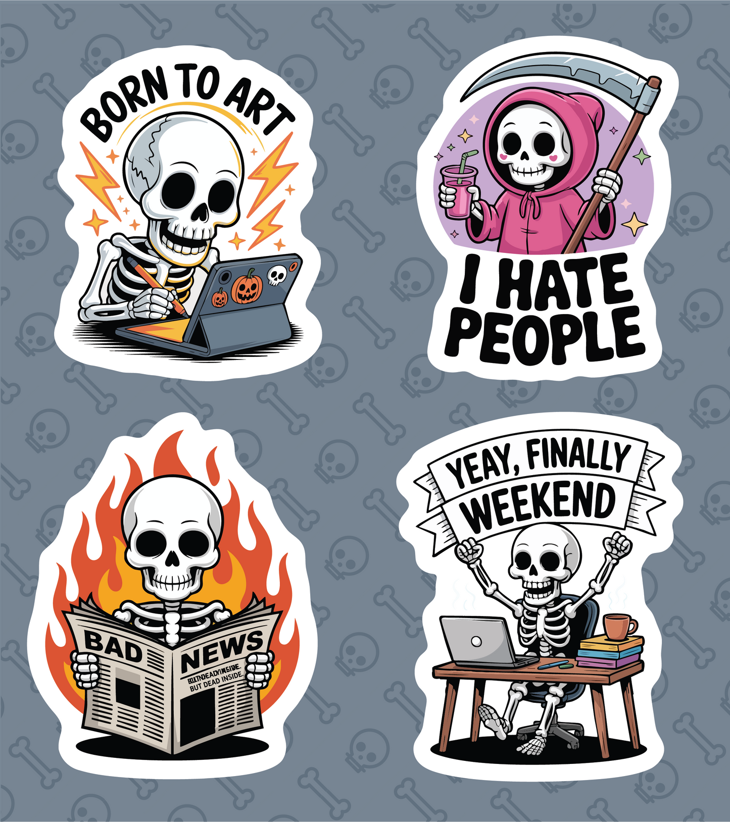 Funny Skeleton Sticker Pack – Humorous Grim Reaper and Skeleton Quotes for Artists, Introverts, and Weekend Lovers