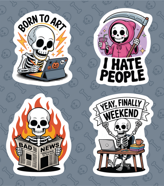 Funny Skeleton Sticker Pack – Humorous Grim Reaper and Skeleton Quotes for Artists, Introverts, and Weekend Lovers