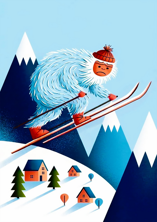 Funny Yeti Skiing in the Mountains and Whimsical Winter Cartoon Illustration - Outdoor Activities