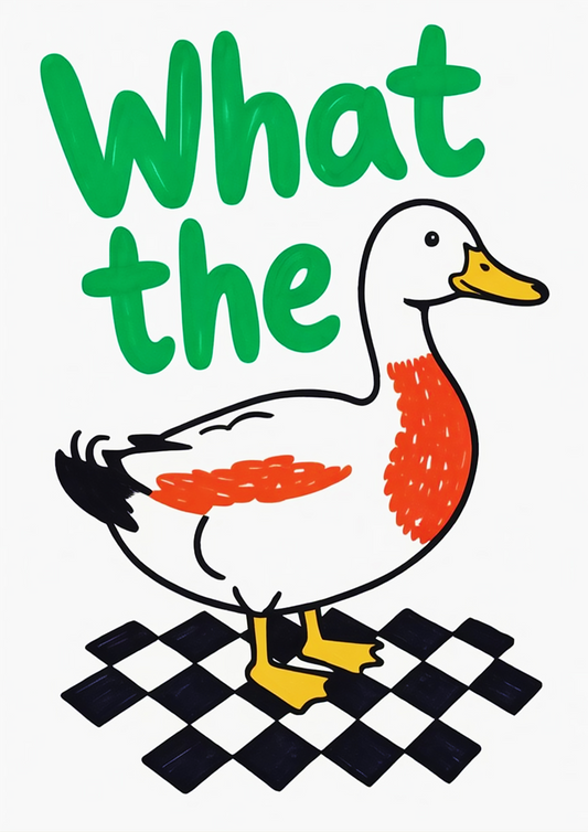 "What the Duck" Cartoon Duck Art on Checkered Floor - Funny Poster