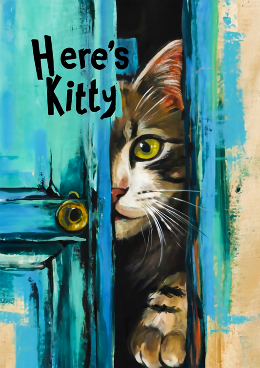 "Here’s Kitty" Painting of Cat Peeking Through Door - Dog and Cat Posters