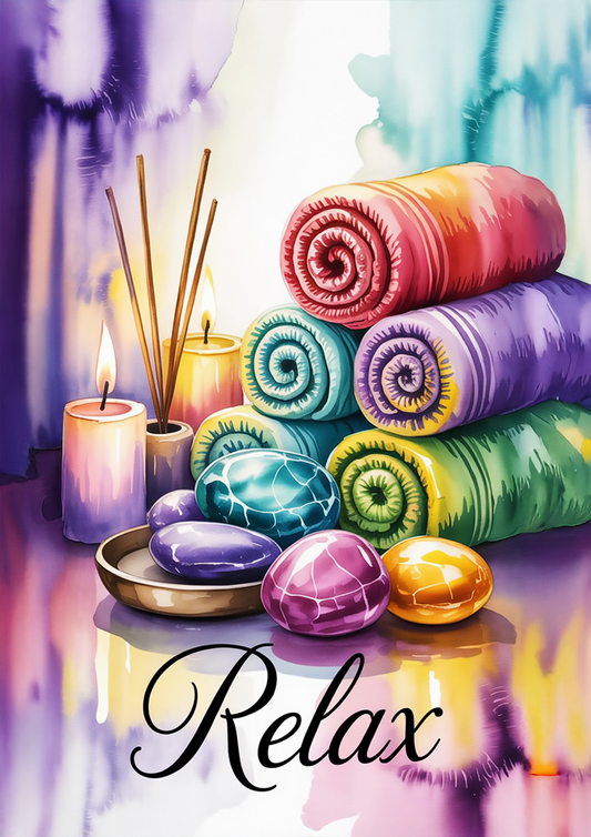 Colorful Relaxation, Aromatherapy Candles, Towels & Healing Stones for Mindfulness & Wellness- Mental Health Posters