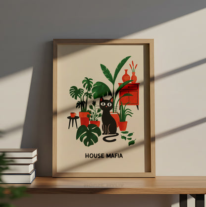 Black Cat with Houseplants and Retro Decor “House Mafia” - Dog and Cat Posters