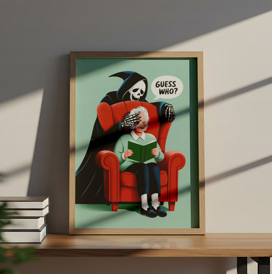 "Guess Who" Dark Humor Illustration Grim Reaper Surprising Elderly Woman Reading  - Funny Poster
