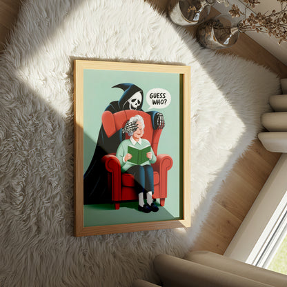 "Guess Who" Dark Humor Illustration Grim Reaper Surprising Elderly Woman Reading  - Funny Poster