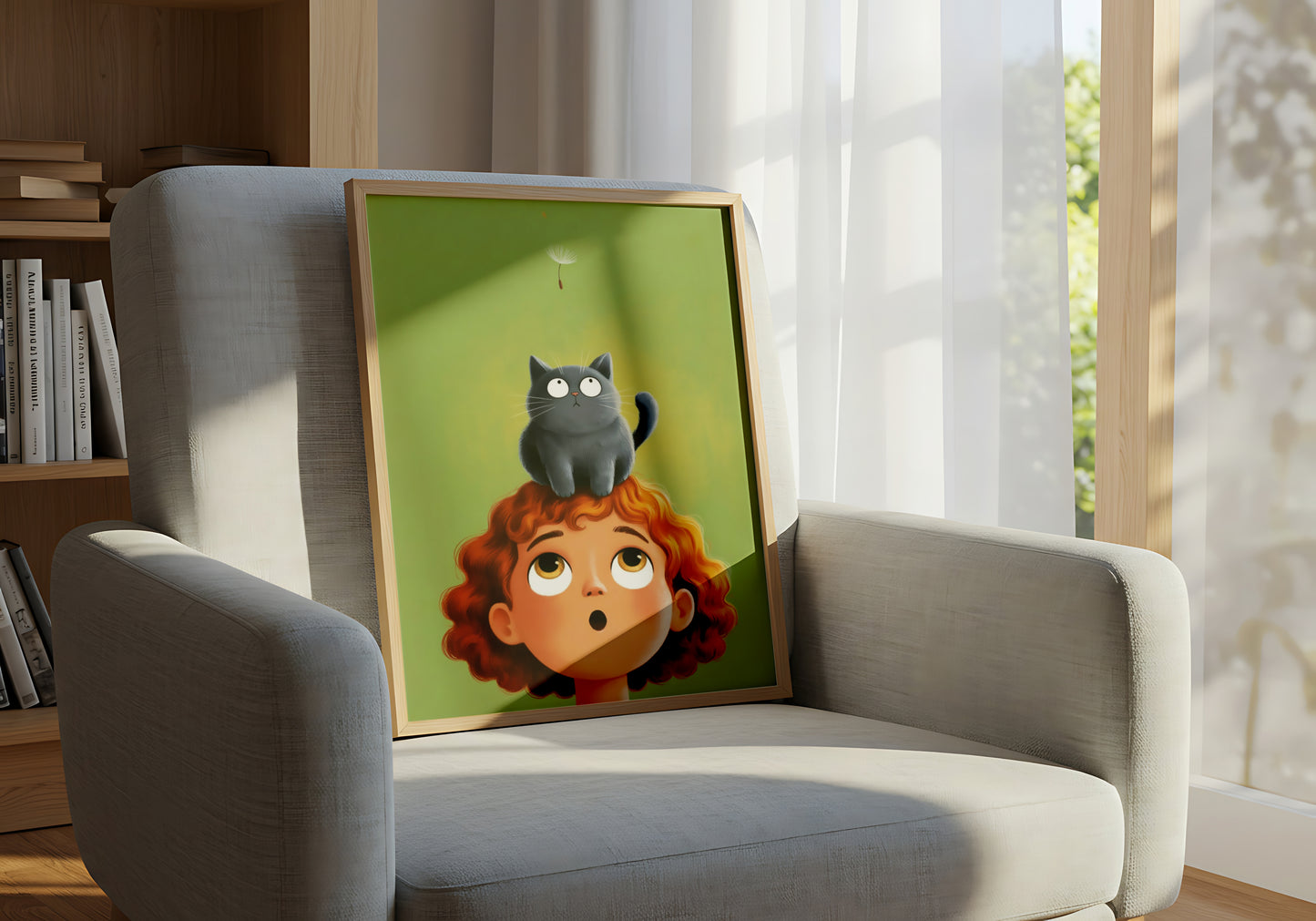 Curious Child and Cat Watching Floating Dandelion - Dog and Cat Posters