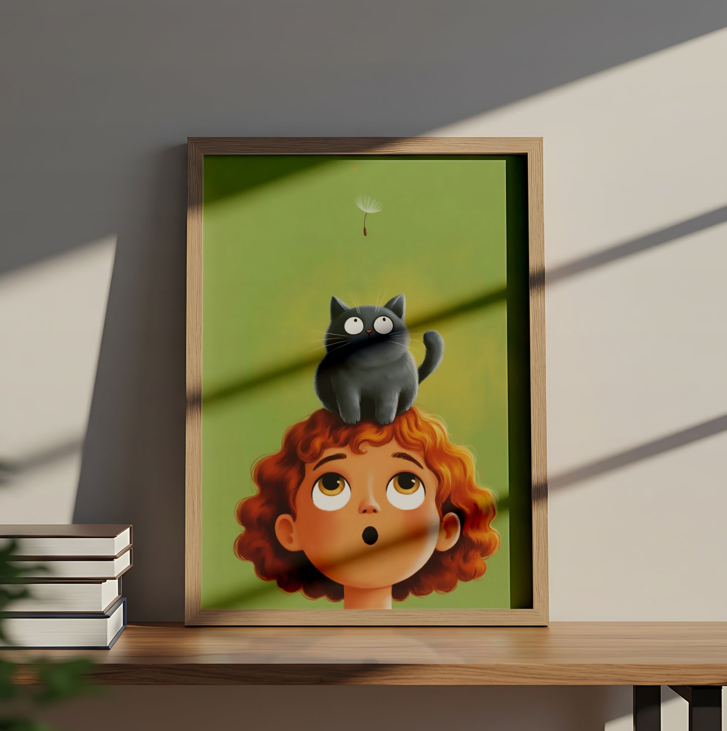 Curious Child and Cat Watching Floating Dandelion - Dog and Cat Posters