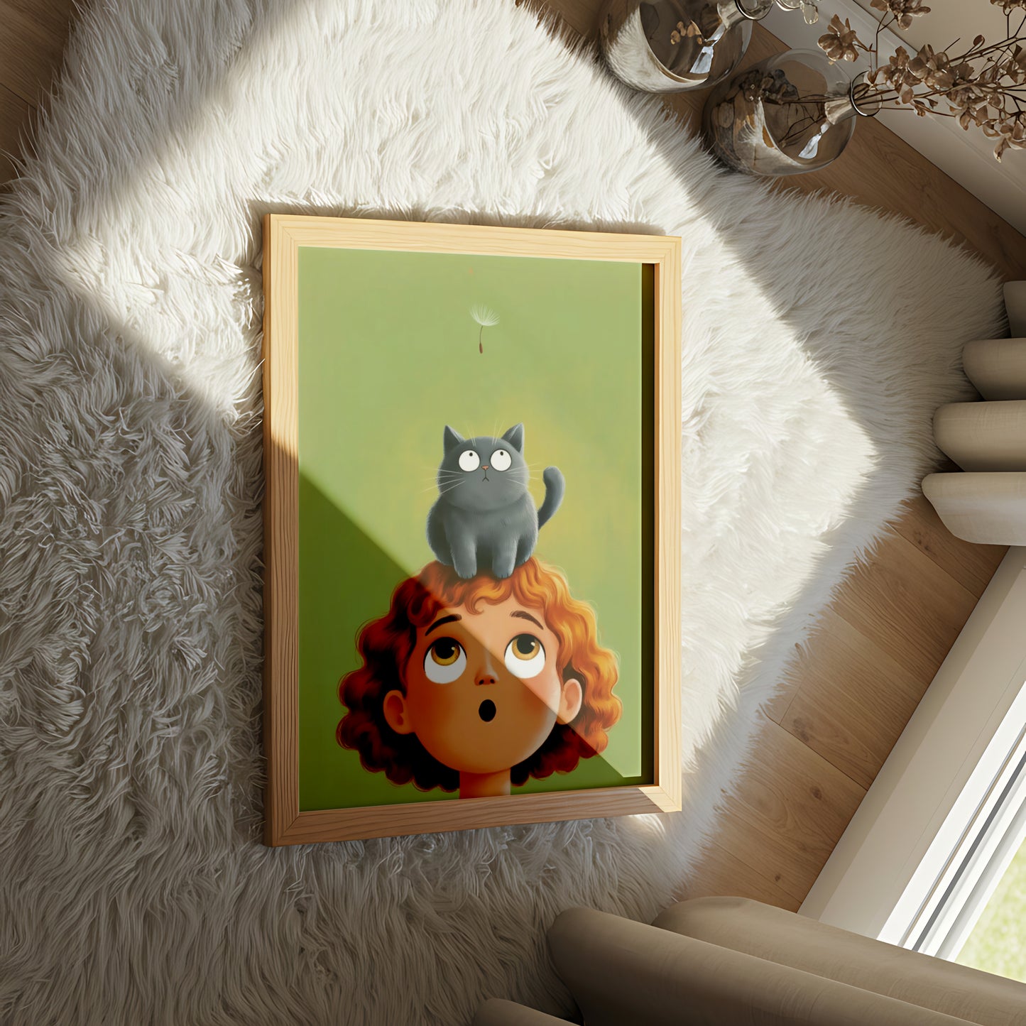 Curious Child and Cat Watching Floating Dandelion - Dog and Cat Posters