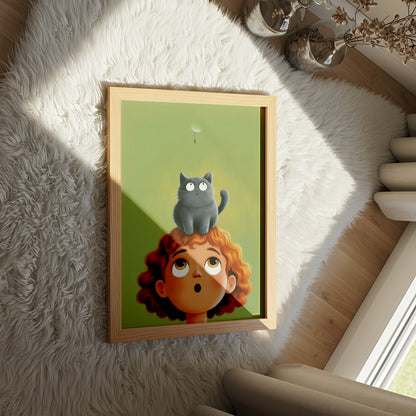 Curious Child and Cat Watching Floating Dandelion - Dog and Cat Posters