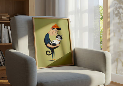 Quirky Cartoon of Man Holding Happy Black and White Cat - Dog and Cat Posters