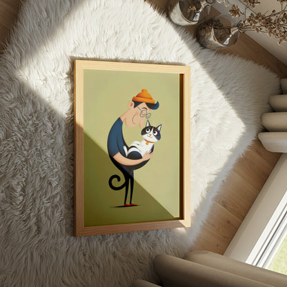 Quirky Cartoon of Man Holding Happy Black and White Cat - Dog and Cat Posters