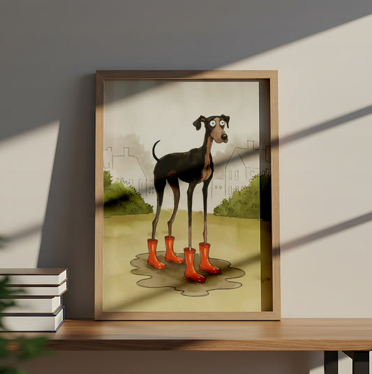 Funny Cartoon Dog Wearing Rain Boots Standing in Puddle - Dog and Cat Posters