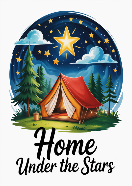 "Home Under the Stars" Cozy Camping Tent in a Forest Night Sky Scene - Outdoor Activities