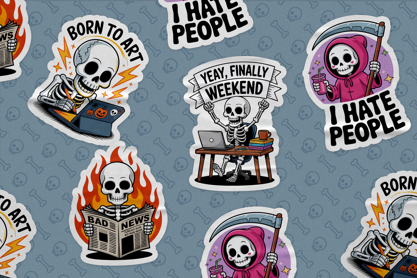 Funny Skeleton Sticker Pack – Humorous Grim Reaper and Skeleton Quotes for Artists, Introverts, and Weekend Lovers