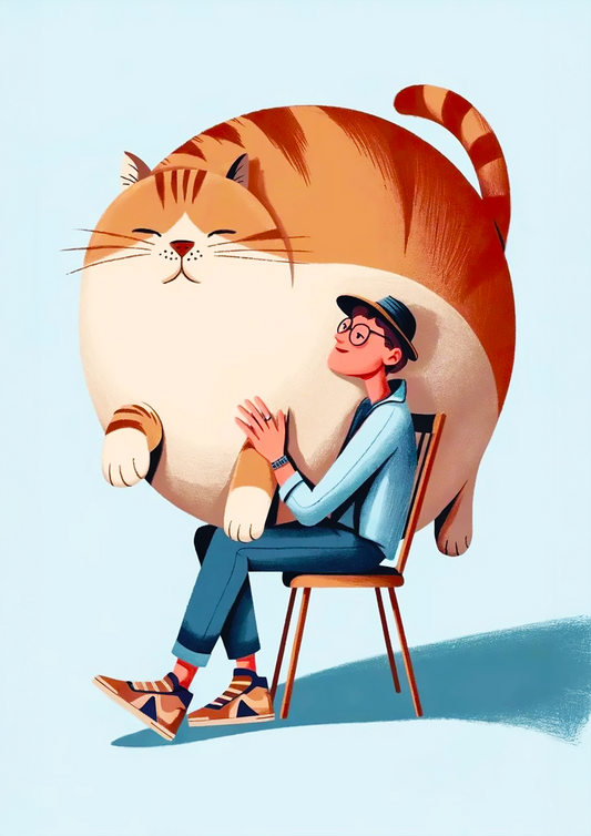 Funny Illustration of Man Hugging Giant Fat Cat - Dog and Cat Posters