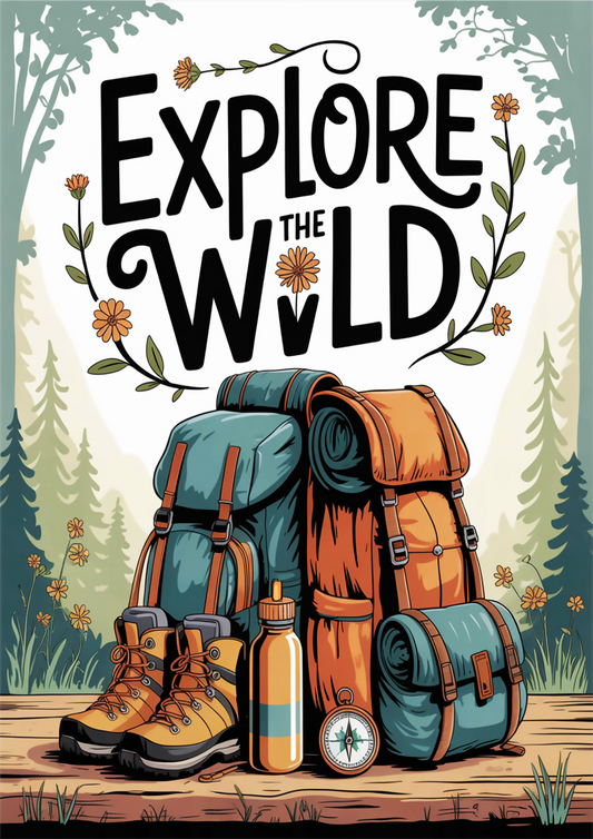Explore the Wild and Adventure Hiking Gear Illustration with Backpacks, Boots, and Compass - Outdoor Activities