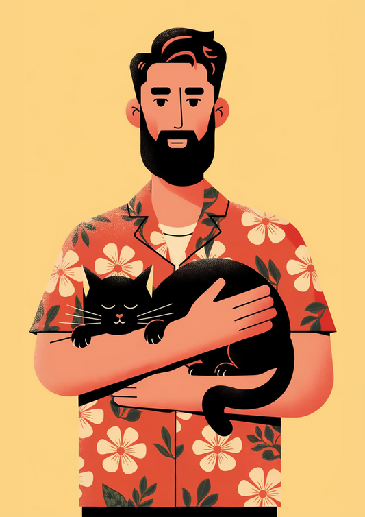 Bearded Man in Hawaiian Shirt Holding Black Cat - Dog and Cat Posters