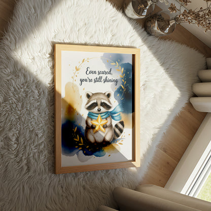 "Even Scared, You’re Still Shining" Inspirational Raccoon Wall Art  - Mental Health Poster