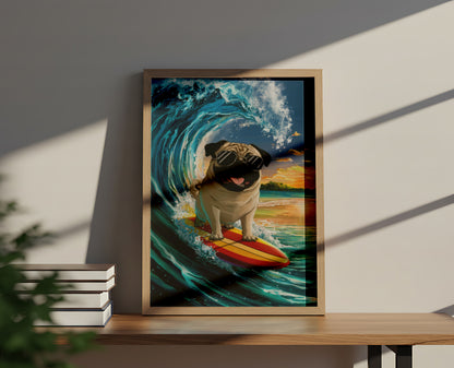 Pug Surfing at the Beach - Dog and Cat Posters