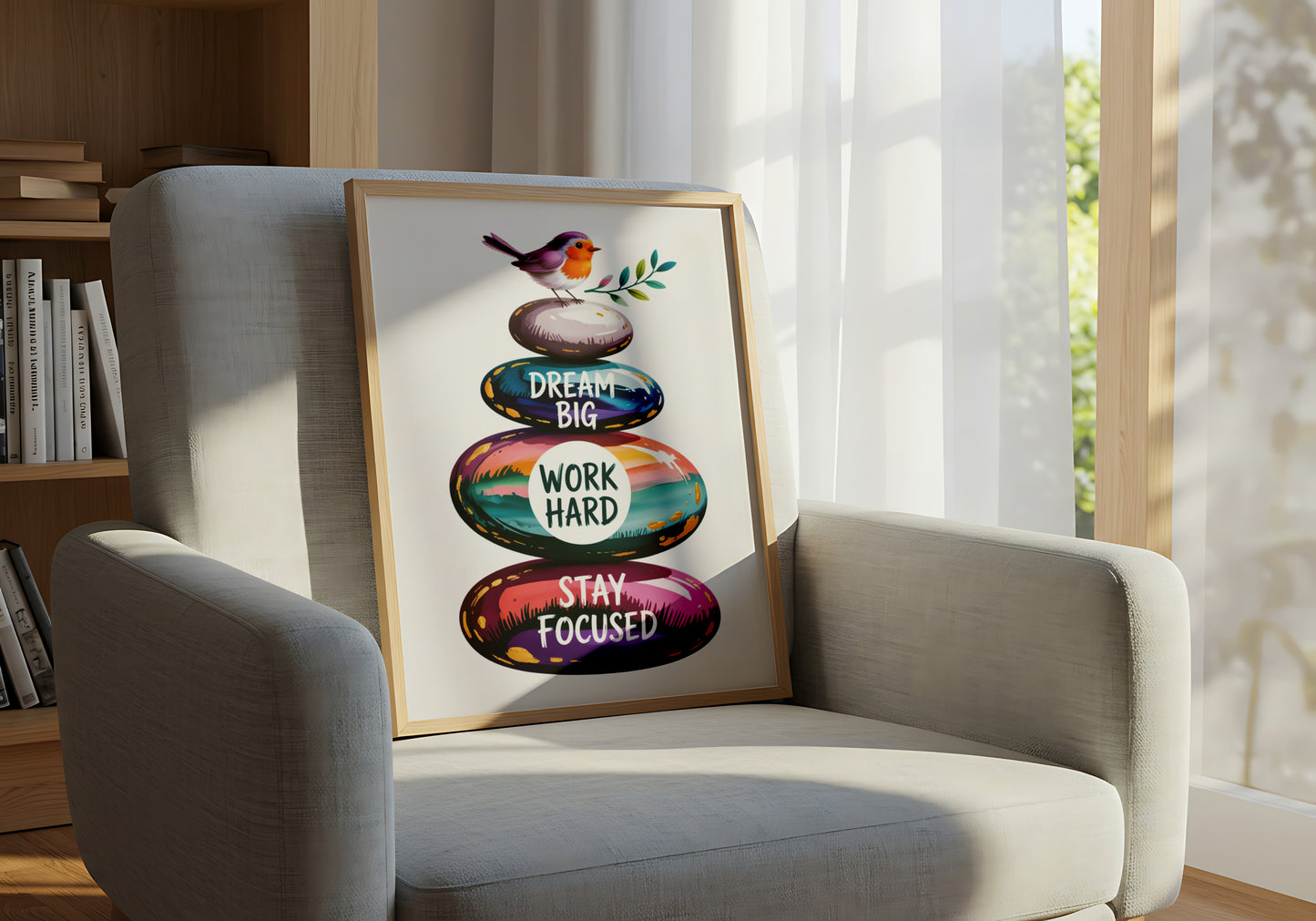 "Dream Big, Work Hard, Stay Focused" Inspirational Pebble Art with Colorful Stones and Bird - Motivational Poster