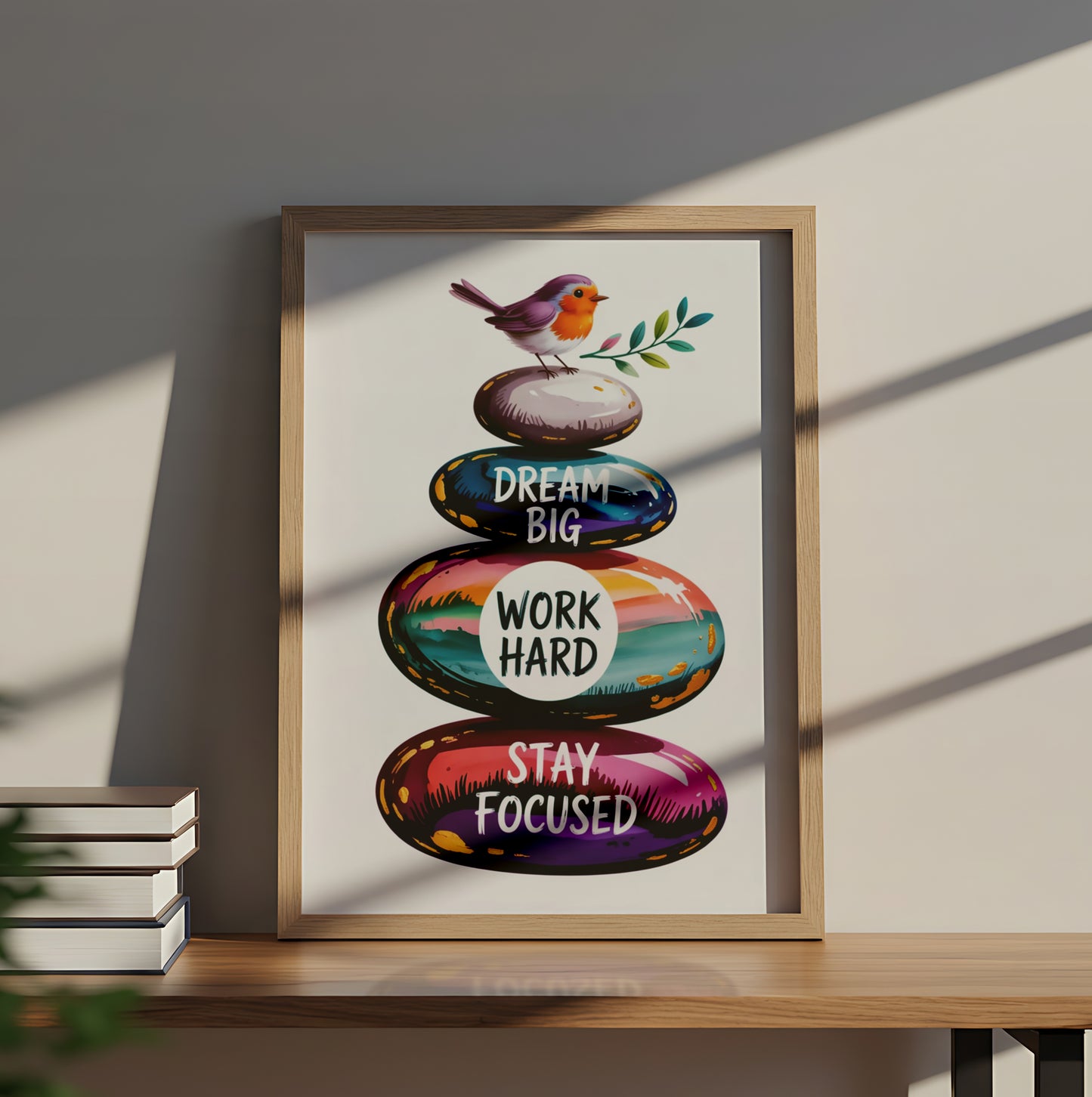 "Dream Big, Work Hard, Stay Focused" Inspirational Pebble Art with Colorful Stones and Bird - Motivational Poster