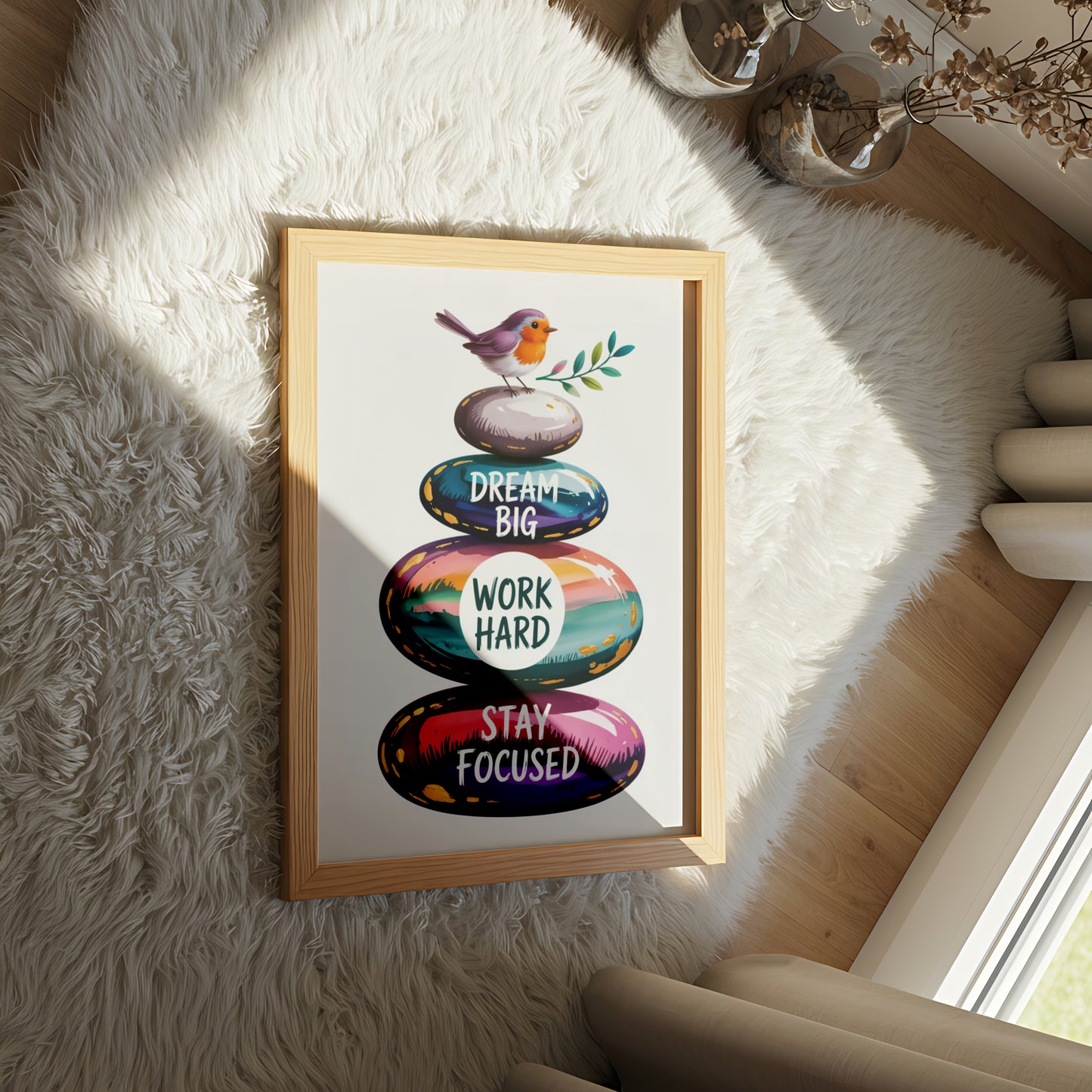 "Dream Big, Work Hard, Stay Focused" Inspirational Pebble Art with Colorful Stones and Bird - Motivational Poster
