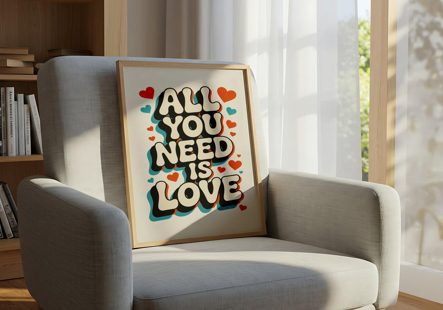 "All You Need Is Love" Retro Typography Wall Art with Colorful Hearts - Mental Health Poster