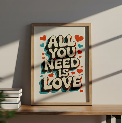 "All You Need Is Love" Retro Typography Wall Art with Colorful Hearts - Mental Health Poster