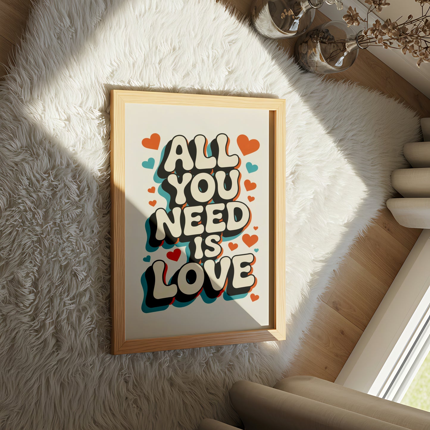 "All You Need Is Love" Retro Typography Wall Art with Colorful Hearts - Mental Health Poster