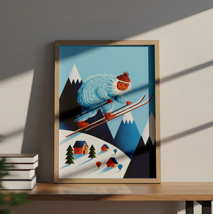 Funny Yeti Skiing in the Mountains and Whimsical Winter Cartoon Illustration - Outdoor Activities