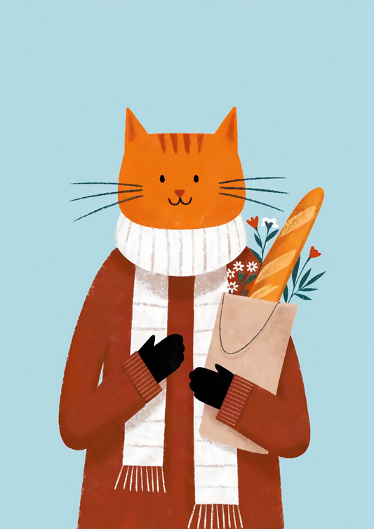 Cozy Orange Cat with Scarf Holding Groceries - Dog and Cat Posters