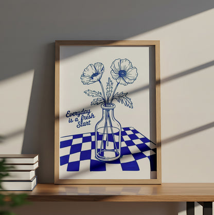 "Everyday Is a Fresh Start" Minimalist Floral Motivational Poster with Blue Vase - Motivational Poster