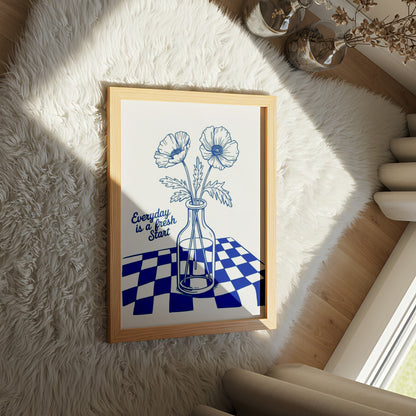 "Everyday Is a Fresh Start" Minimalist Floral Motivational Poster with Blue Vase - Motivational Poster