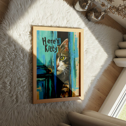 "Here’s Kitty" Painting of Cat Peeking Through Door - Dog and Cat Posters